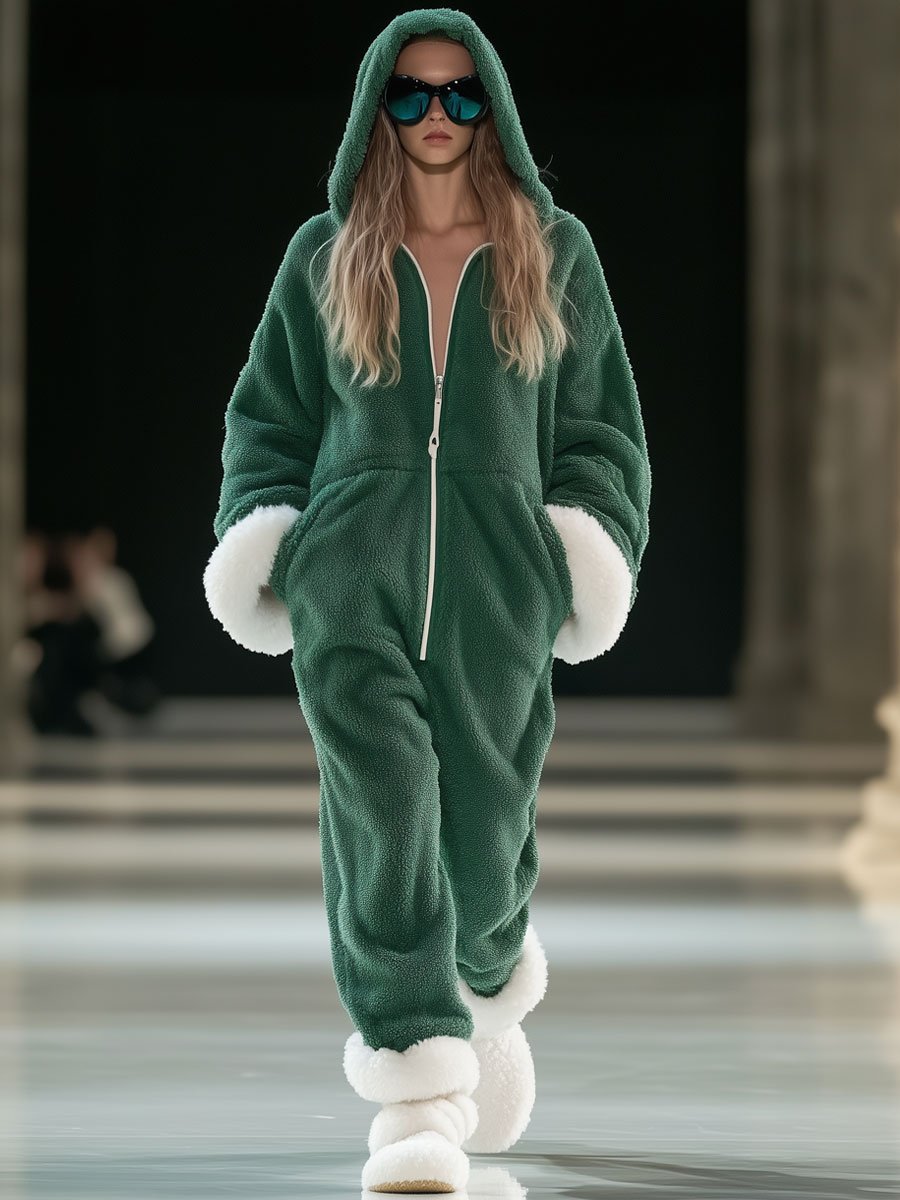 【24-hour shipping out】Casual Loose Green and White Polar Fleece Splicing Zipper Hooded Jumpsuit