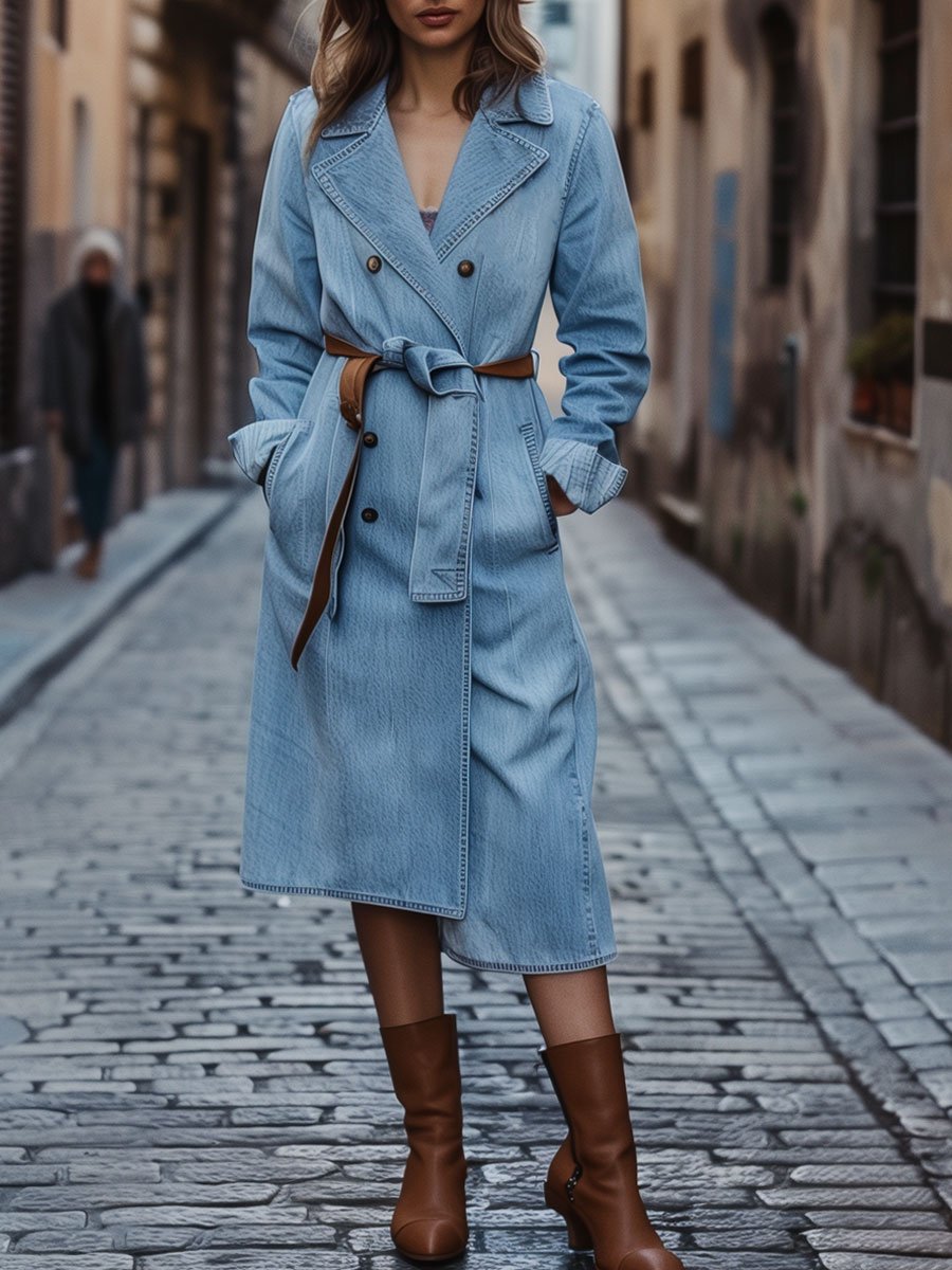 Casual Loose Double Breasted Vintage Pocket Denim Trench Coat