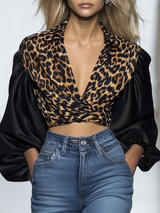 Classic Satin Long Sleeve Leopard Print Shirt