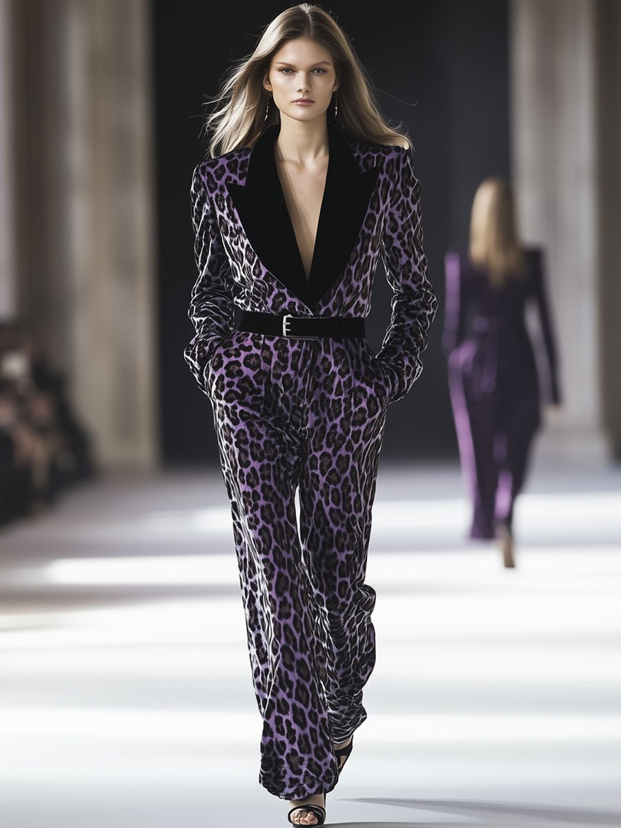 Casual Loose Retro Purple Leopard Print Lapel Lace Velvet Jumpsuit