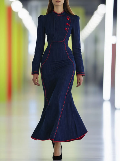 Retro Fashion Navy Blue Denim Red Topstitching Long Sleeve Maxi Dress