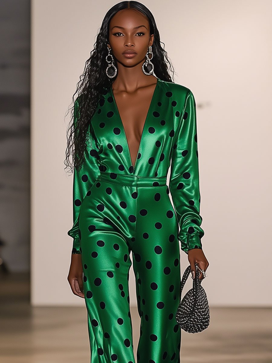 Casual Retro Black Polka Dot Green Satin Long Sleeve Wide Leg Jumpsuit