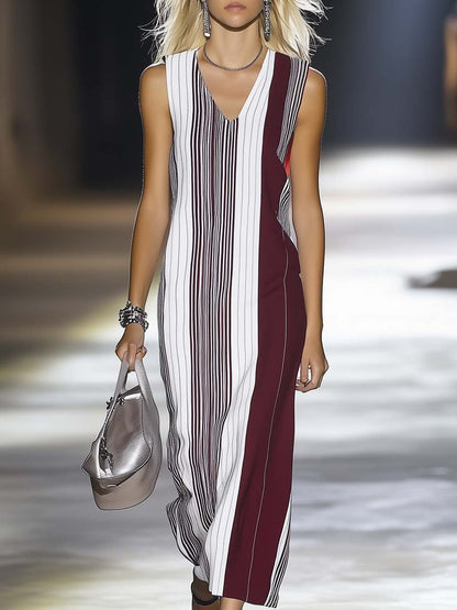 Fashion Casual V-neck Striped Print Straight Maxi Dress