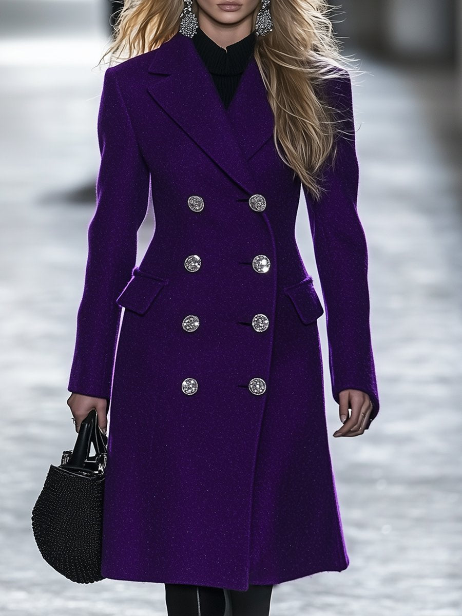 High-End Fashionable And Exquisite Silver Double-Breasted Purple Short Woolen Coat