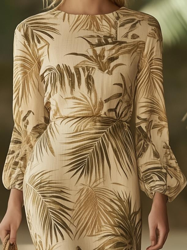 Romantic Print Beige Long Sleeve Maxi Dress