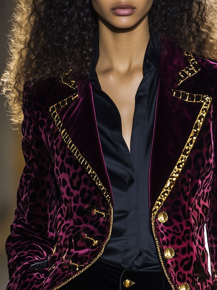 Casual Vintage Velvet Leopard Print Gold Trim Lapel Blazer