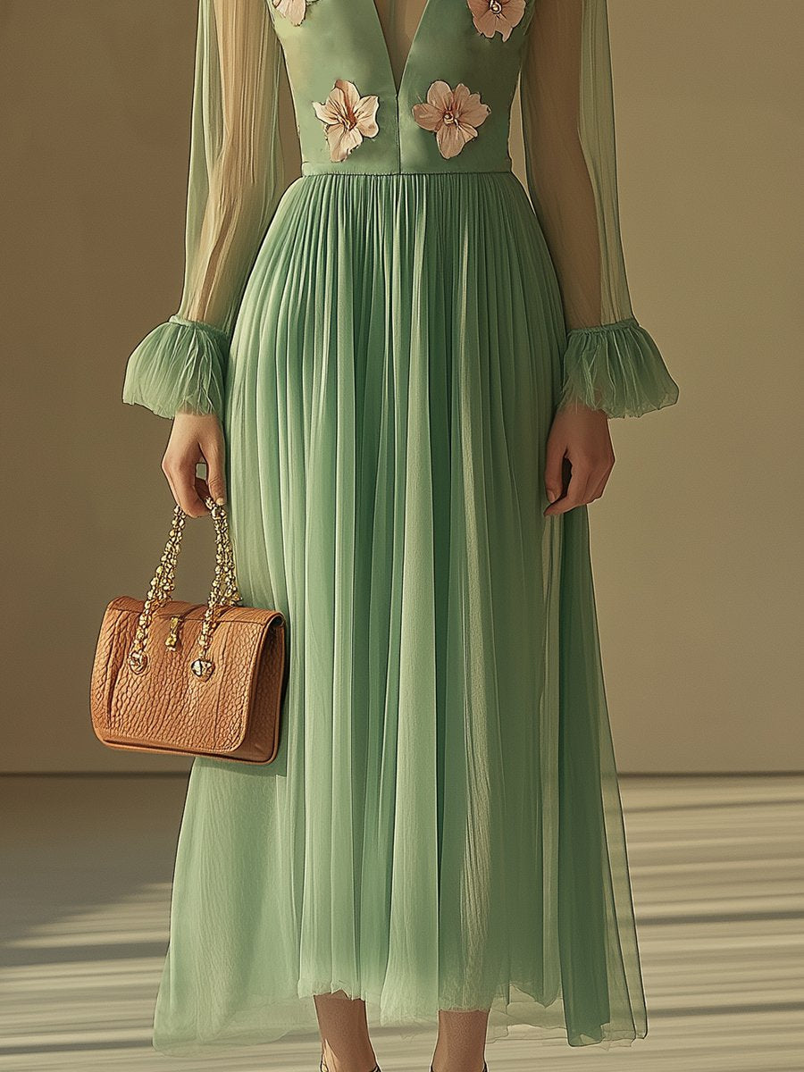 Elegant and Casual Saga Green See-through V-neck Chiffon Three-dimensional Flower Midi Dress