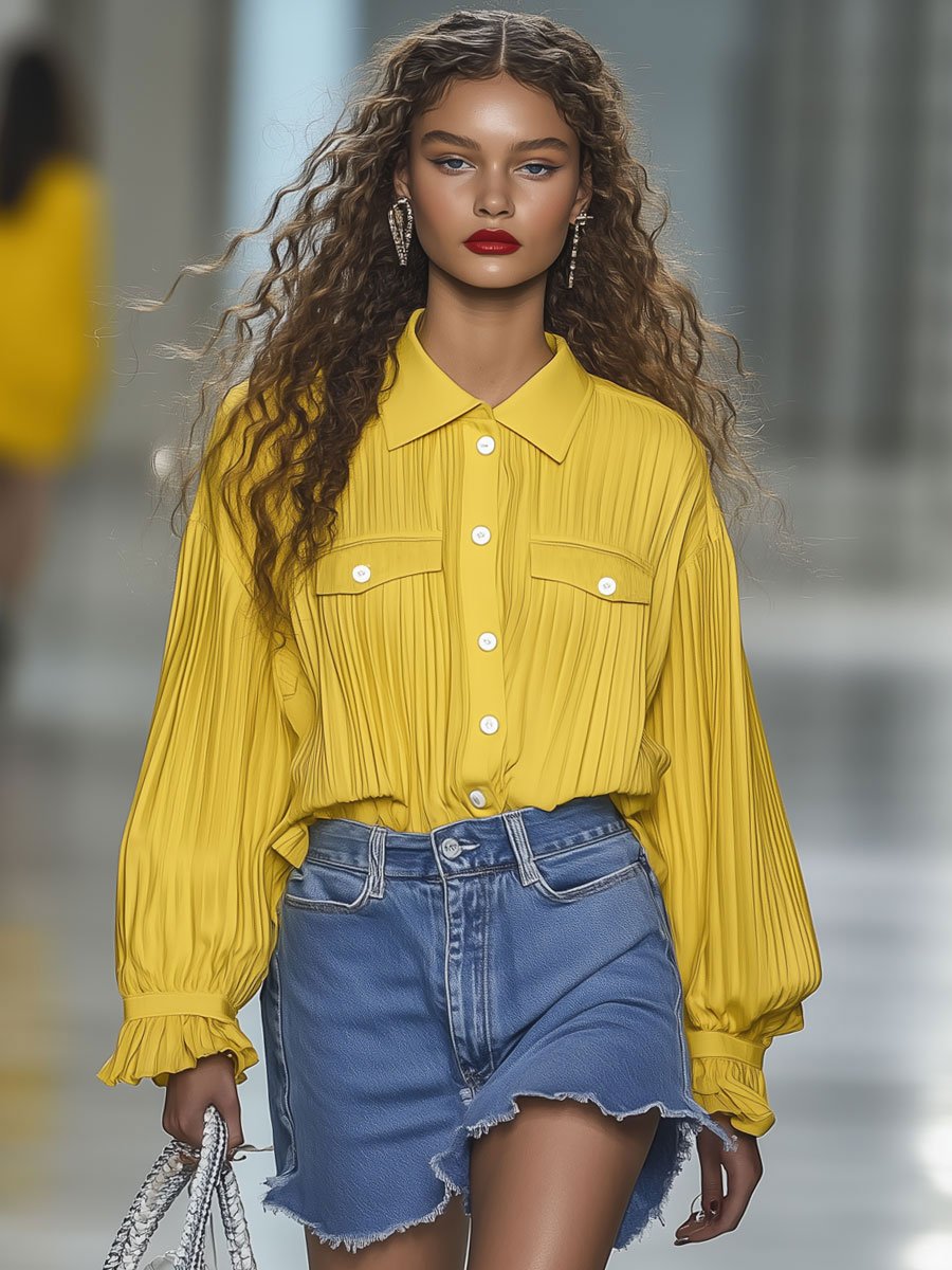 Loose Fashion Pleated Yellow Long Sleeve Blouse