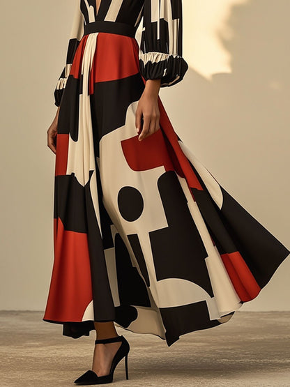 V-Neck Fashion Holiday Party Black And Red Geometric Print Long Sleeve Maxi Dress