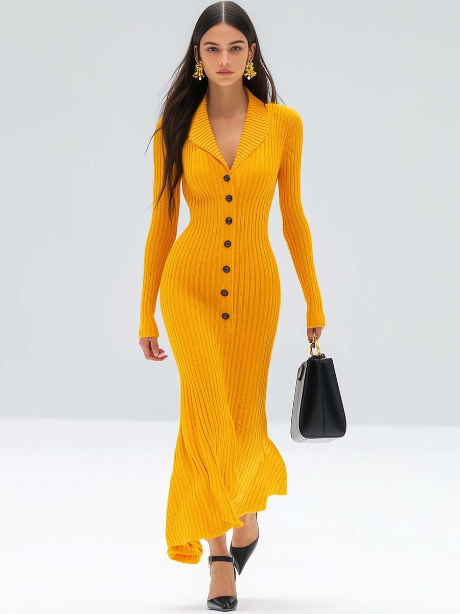 Elegant and Dynamic V-neck Slim Fit Yellow Knitted Maxi Dress