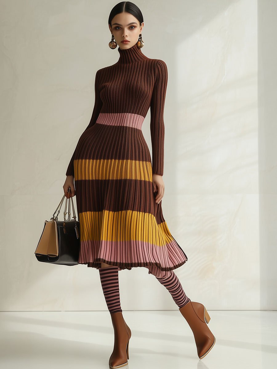 Fashion Loose Retro Color Striped Knitted Turtleneck Midi Dress