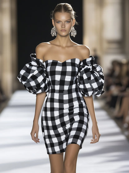 Retro Elegant Fashion Puff Sleeve Black and White Plaid Mini Dress