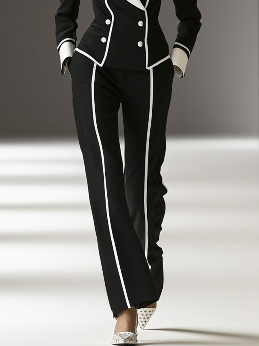 Casual Retro Black and White Suit Jacket Pants Set