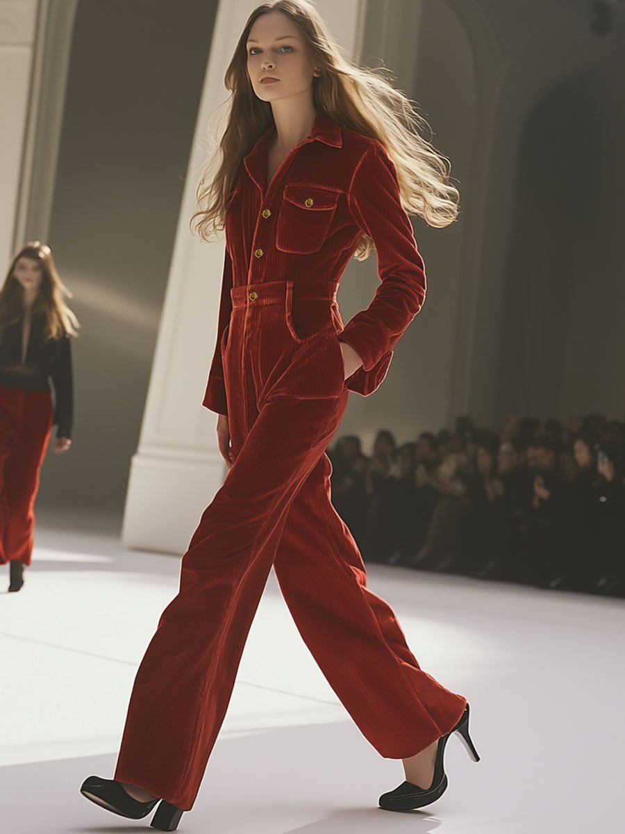 Casual Loose Retro Red Corduroy Long Sleeve Jumpsuit