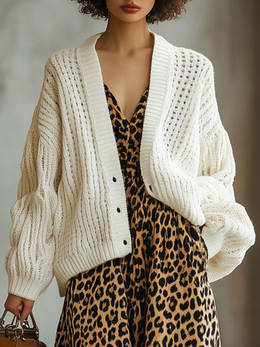 V-Neck Casual Loose Solid Color Hollow Knitted Cardigan