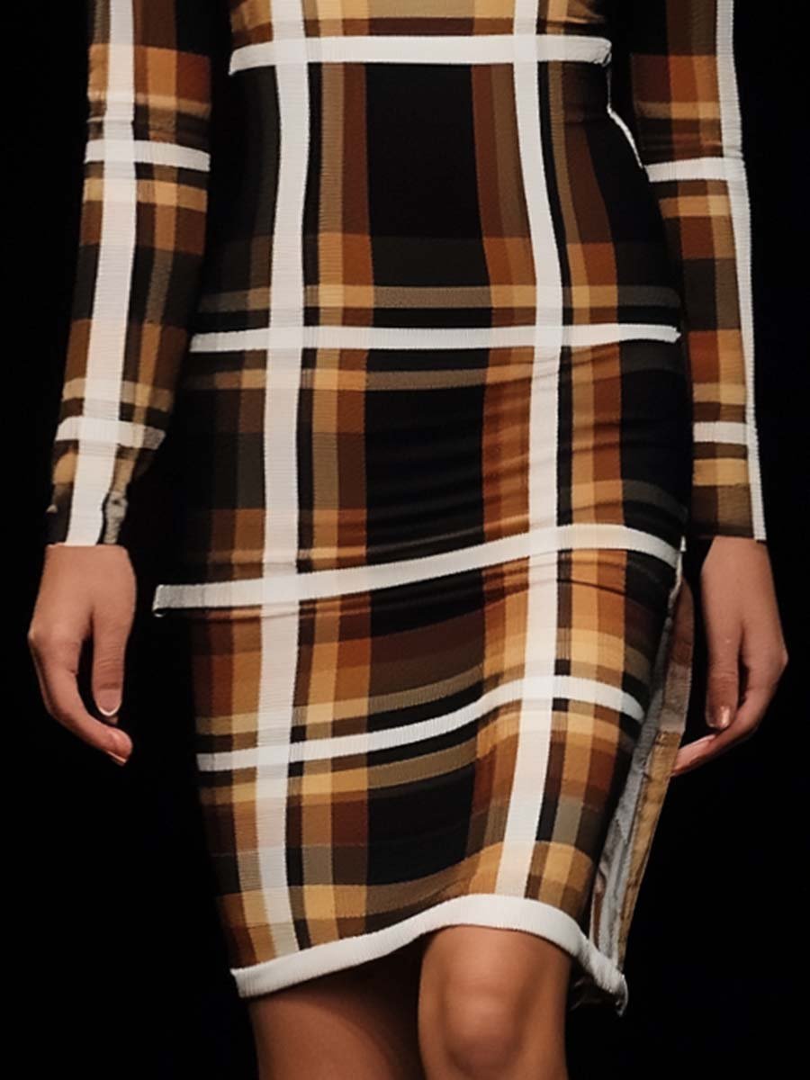 Fashionable and Energetic Round Neck Brown Plaid Stretch Mini Dress