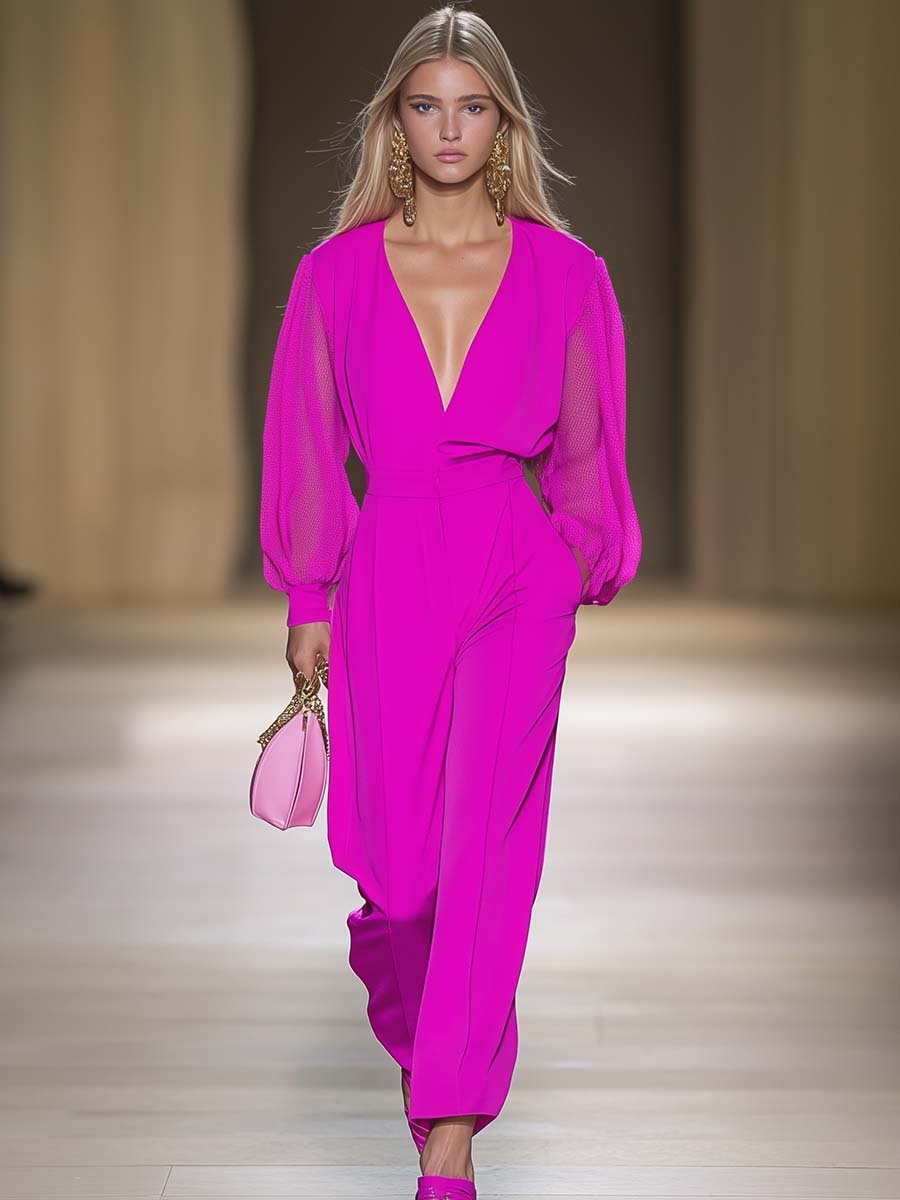 Fashionable Eye-catching V-neck Mesh Sleeve Hot Pink Jumpsuit