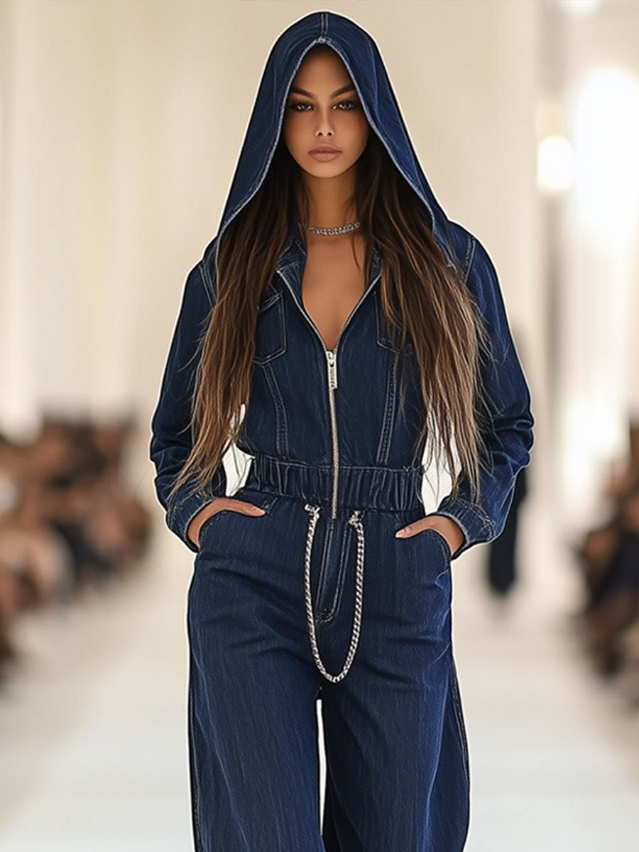 Casual Retro Multi-Pocket Denim Elastic Waist Wide Leg Hooded Jumpsuit