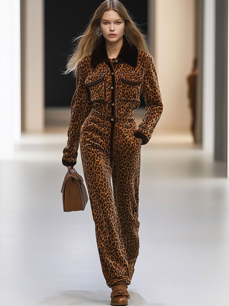 Casual Loose Retro Velvet Leopard Print Patchwork Long-Sleeved Jumpsuit