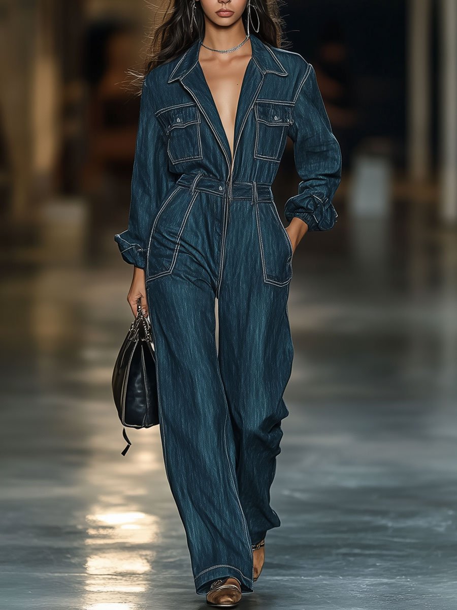 Casual Loose Contrast Line Multi-Pocket Long-Sleeved Denim Jumpsuit