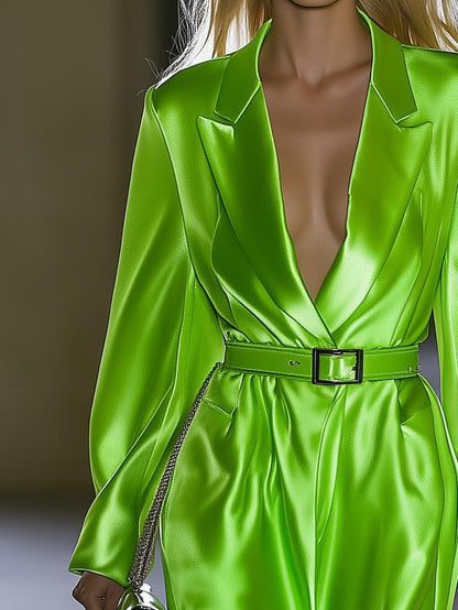 Pretty Fluorescent Green Satin Lapel Long Sleeve Maxi Dress