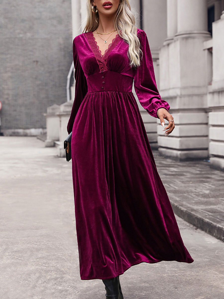 Fashion Retro V-neck Lace Velvet Splicing Long Sleeve Midi Dress