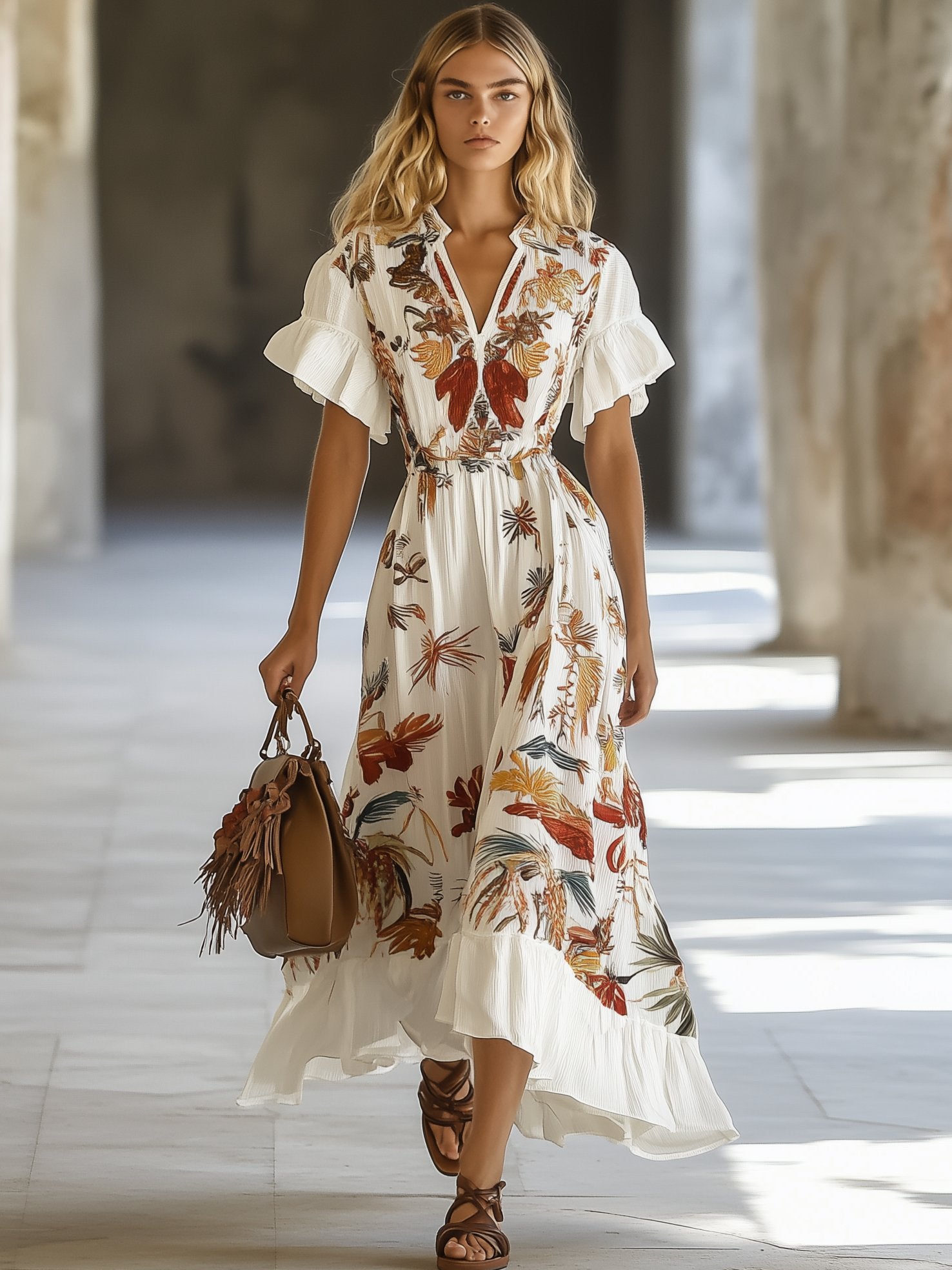 Vibrant Tropical Print Short Sleeve Maxi Dress