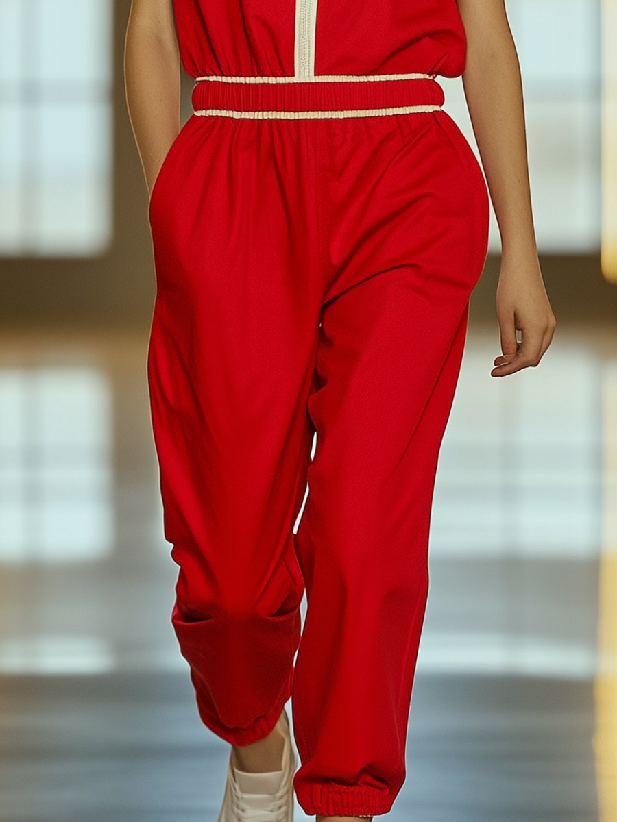 Fashionable and casual sportswear white half-zip red short sleeve hooded jumpsuit