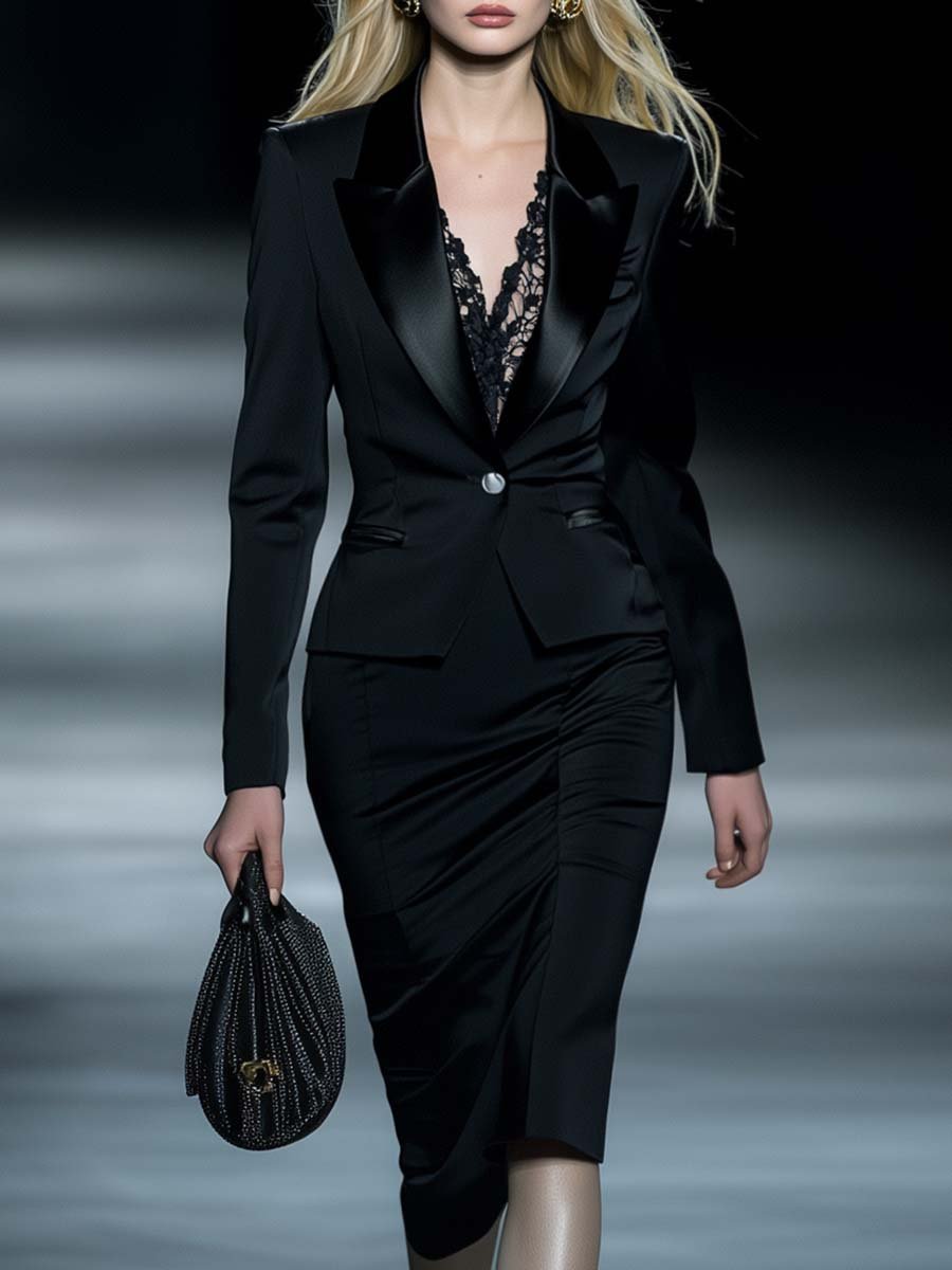 Elegant and Sexy Lace Stitching Black Satin Suit