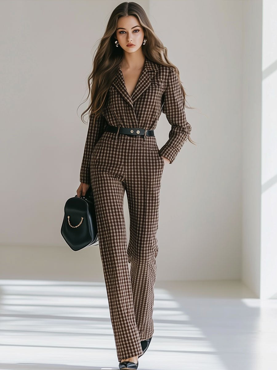 Casual Loose Retro Lapel Woolen Houndstooth Long Sleeve Jumpsuit