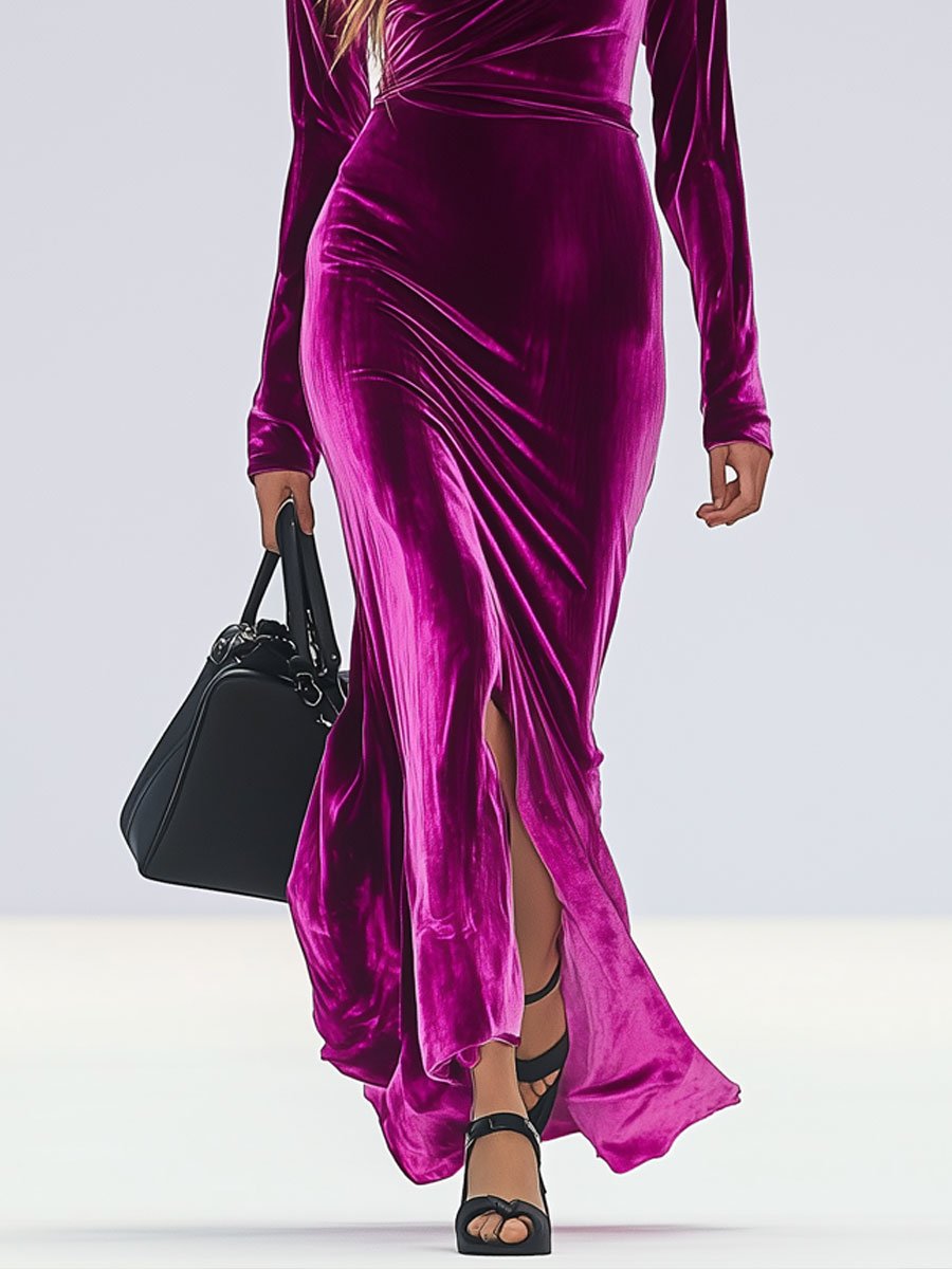 Fashion Retro Pink Velvet Irregular Collar Hem Slit Long Sleeve Maxi Dress