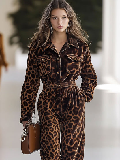 Casual Loose Retro Corduroy Leopard Print Multi-Pocket Long Sleeve Jumpsuit