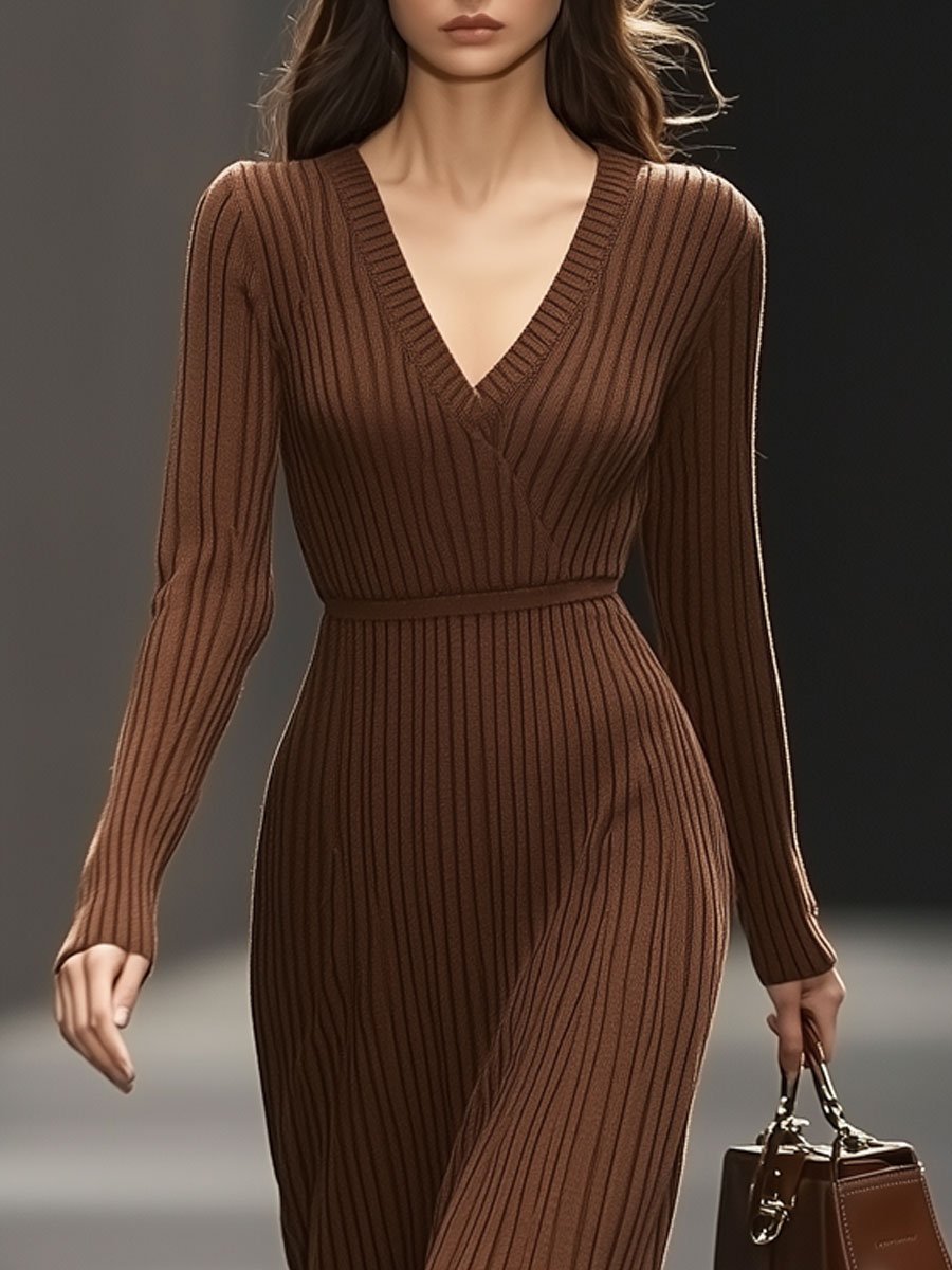 V-Neck Casual Solid Chocolate Knitted Long Sleeve Midi Dress