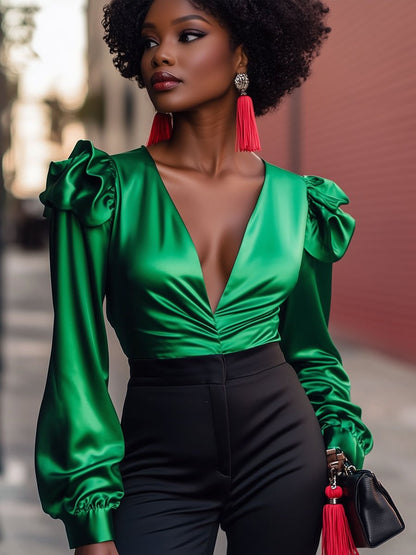 Retro Fashion Green Satin V-Neck Long Sleeve Blouse