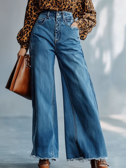 Casual Loose Retro High Waist Raw Edge Wide Leg Jeans