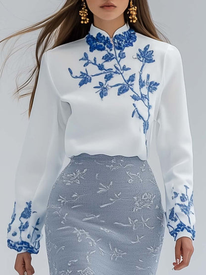 Elegant and Fresh Half-high Collar Embroidered Top and Gray-blue Skirt Set