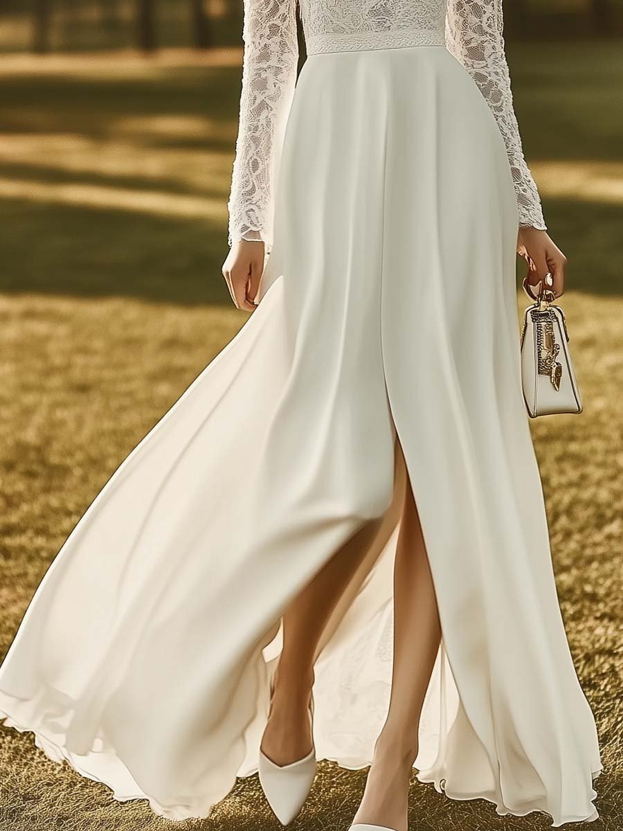 Elegant and Flowing Half-high Collar Lace Stitching White Maxi Dress