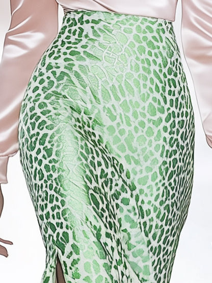 Elegant and Fashionable Leopard Print Green Satin Slit Skirt