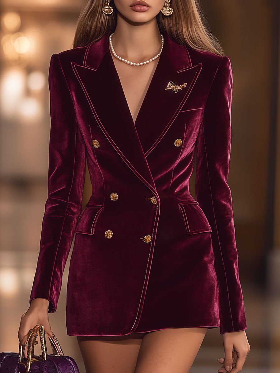 Casual Loose Vintage Burgundy Velvet Double Breasted Pocket Suit Mini Dress