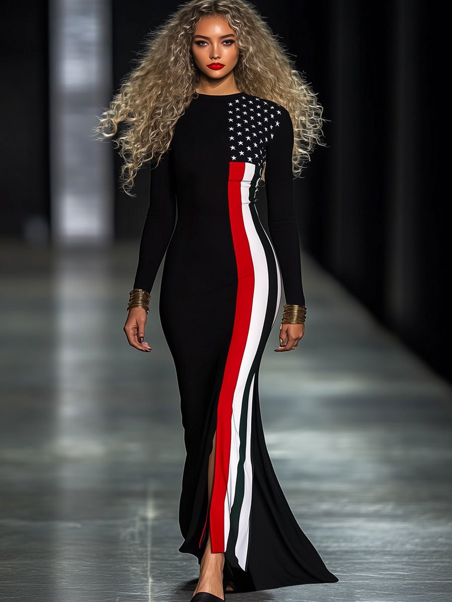 Fashion Resort Round Neck Flag Print Long Sleeve Slit Maxi Dress