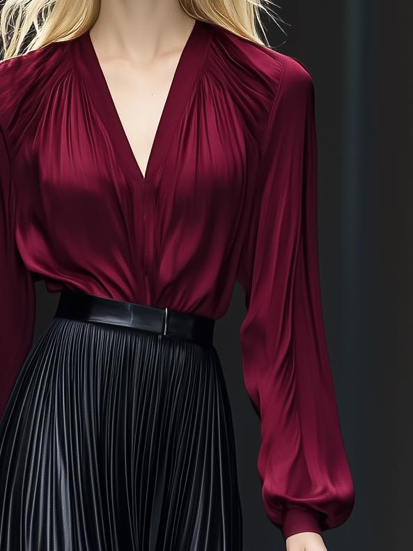 Classic All-Match V-Neck Burgundy Satin Long-Sleeved Shirt