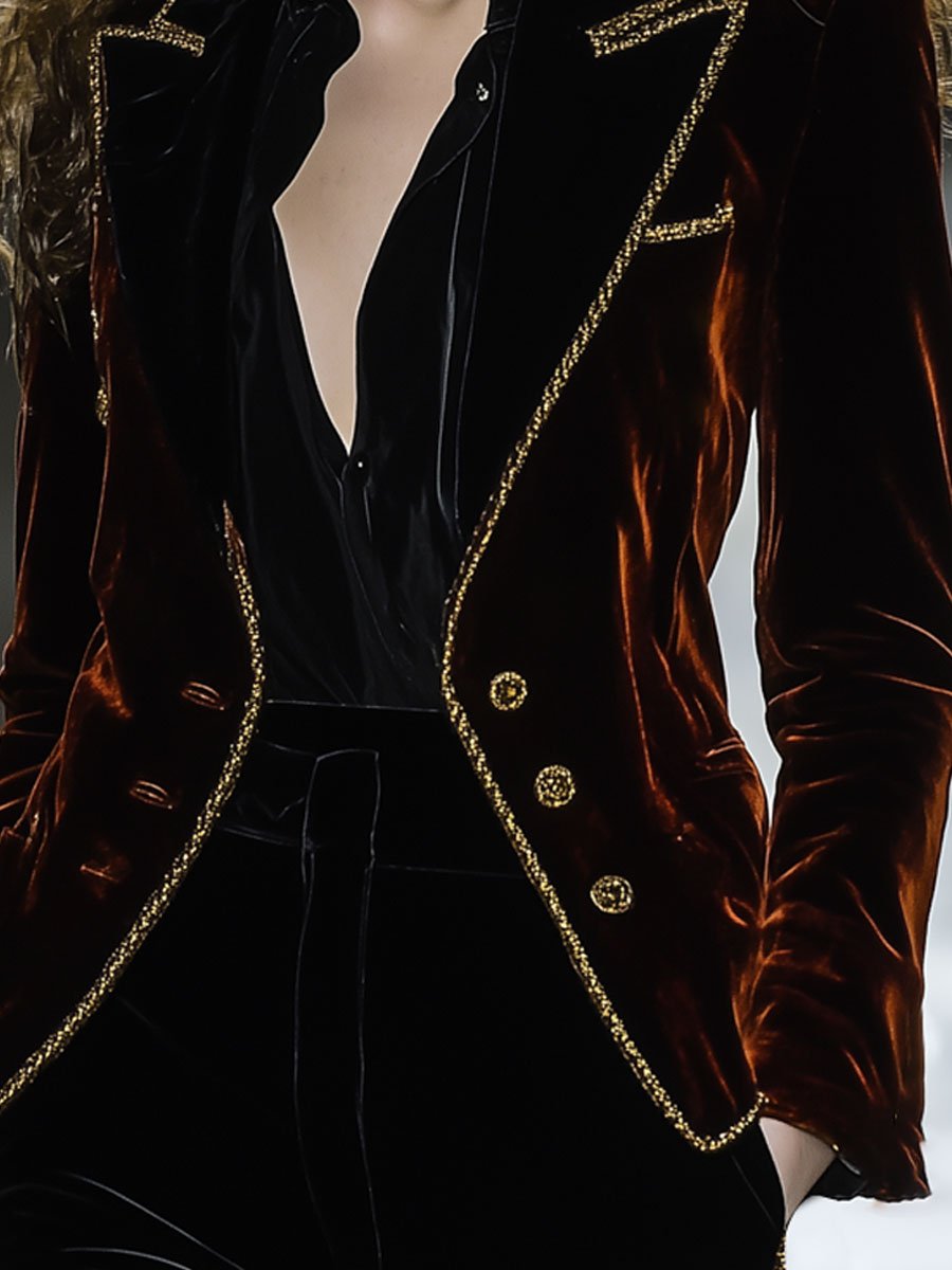 Casual Loose Velvet Gold-Trimmed Single-Breasted Blazer