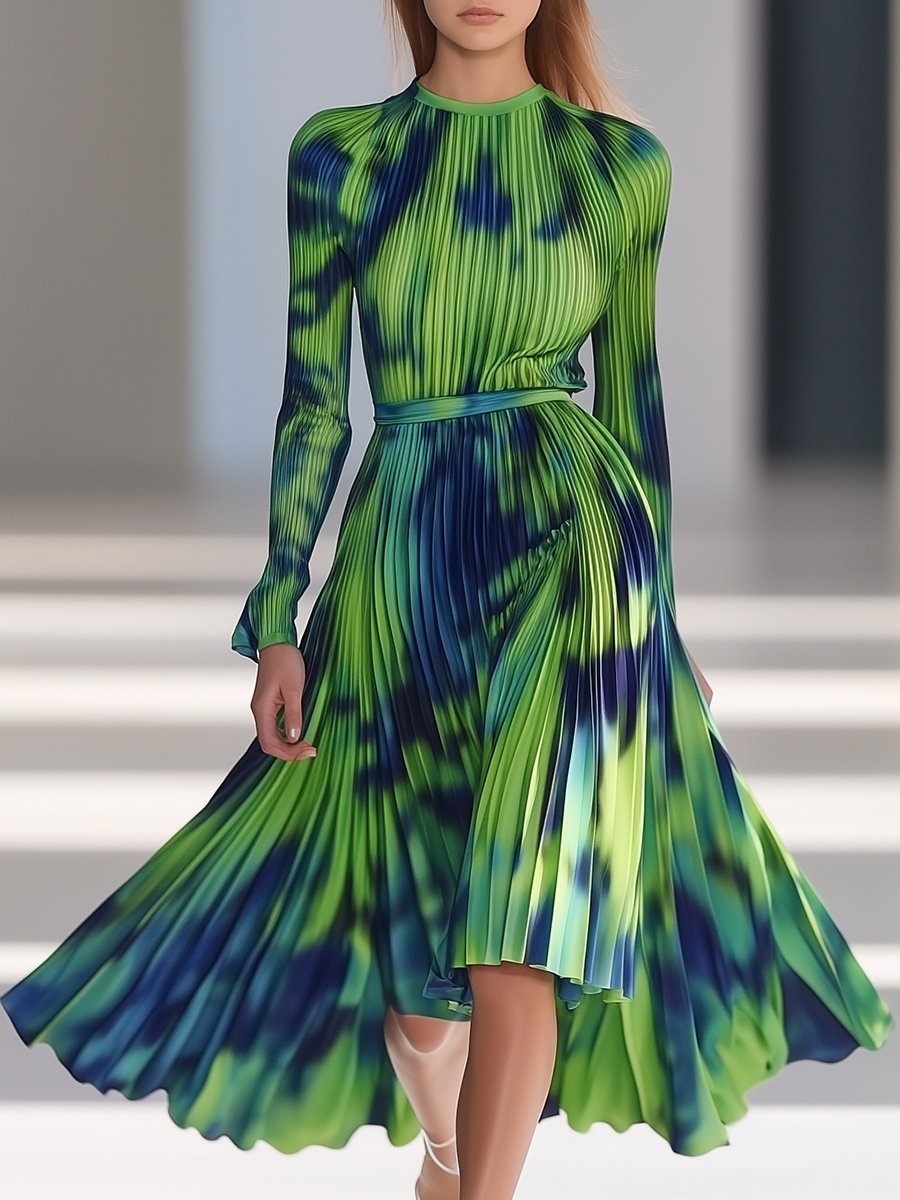 Fashionable and Personalized Blue and Green Abstract Printed Pleated Midi Dress