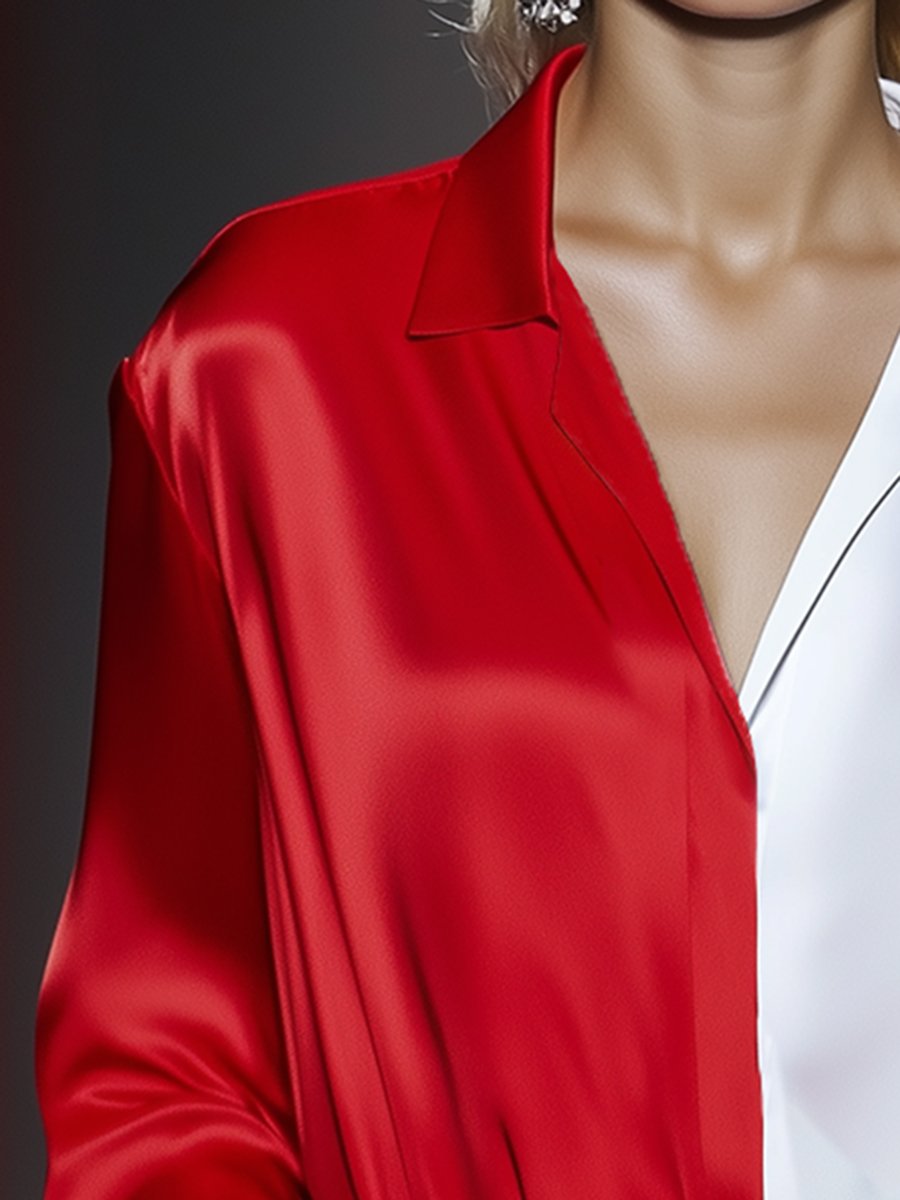 High-End Fashionable And Elegant Red And White Contrast Satin Shirt