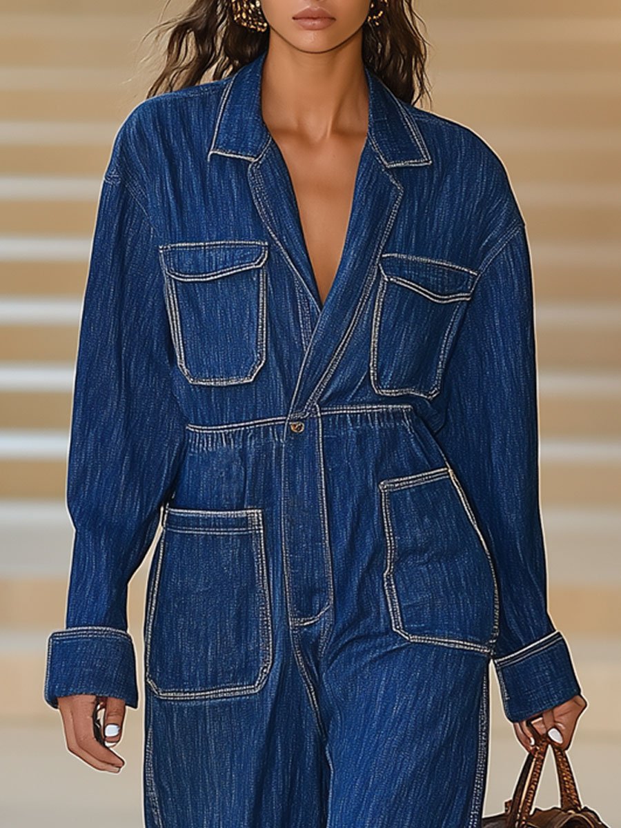 Casual Loose Retro Multi-Pocket Solid Color Long Sleeve Denim Jumpsuit