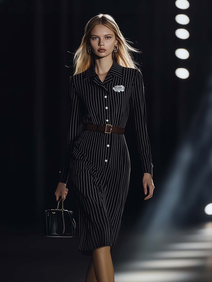 Elegant Commuter Pinstripe Belt Shirt-style Midi Dress