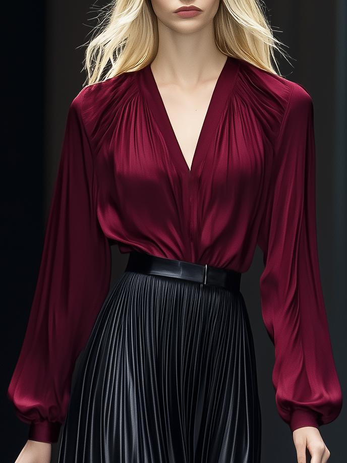 Classic All-Match V-Neck Burgundy Satin Long-Sleeved Shirt