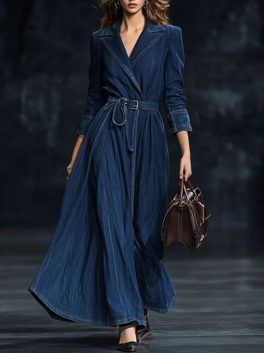 【24-hour shipping out】Casual Retro Belted Denim Long Sleeve Maxi Dress Style Trench Coat