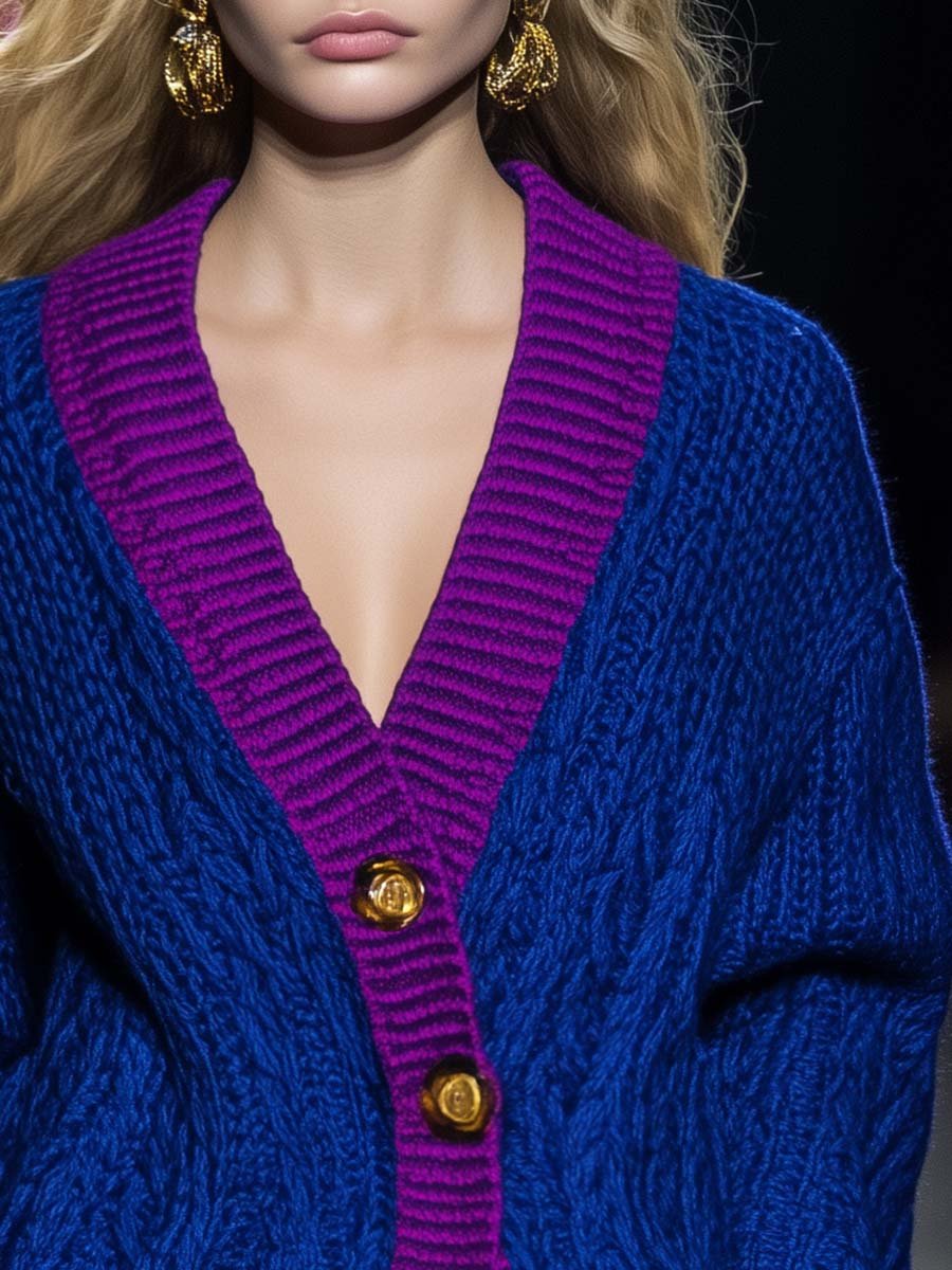 Casual Fashion V-neck Contrast Color Knitted Texture Cardigan