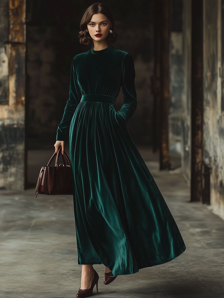 【24-hour shipping】Stand Collar Loose Party Pocket Solid Velvet Long Sleeve Maxi Dress